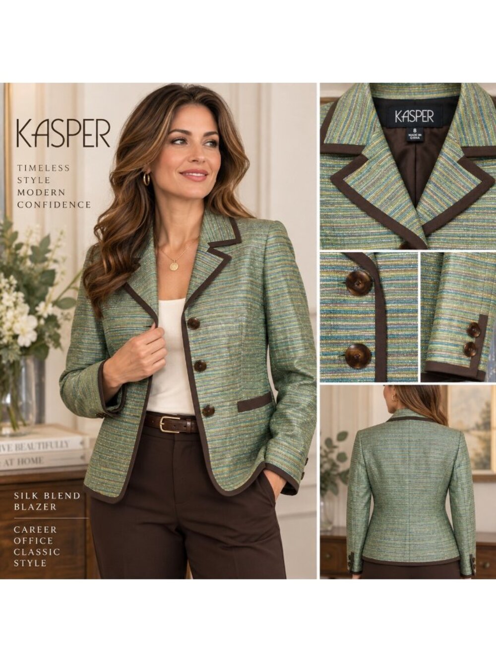 Kasper Blazer Womens 8 Silk Blend Green Tweed Brown Trim Career Jacket
